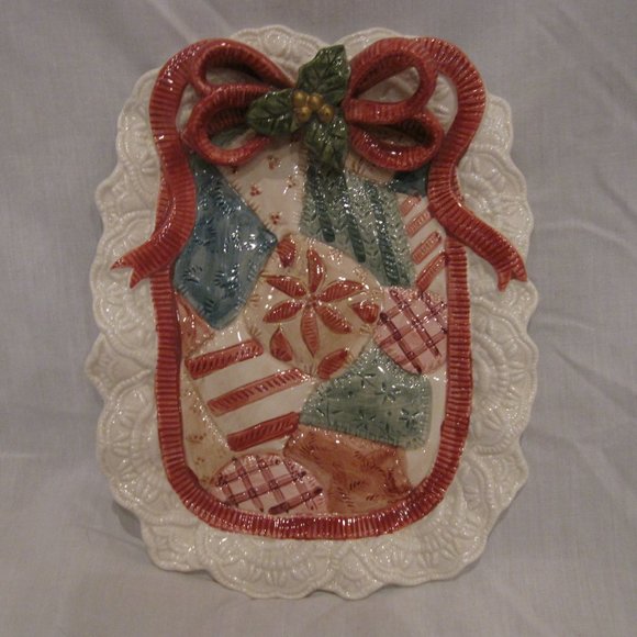 Fitz & Floyd Christmas Quilt Canape Plate Appetizer Lacey Edge & Bow - Picture 1 of 2